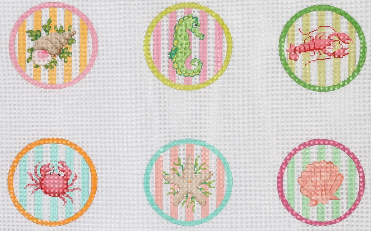 Sea Life on Cabana Stripe Coasters/Set of 6