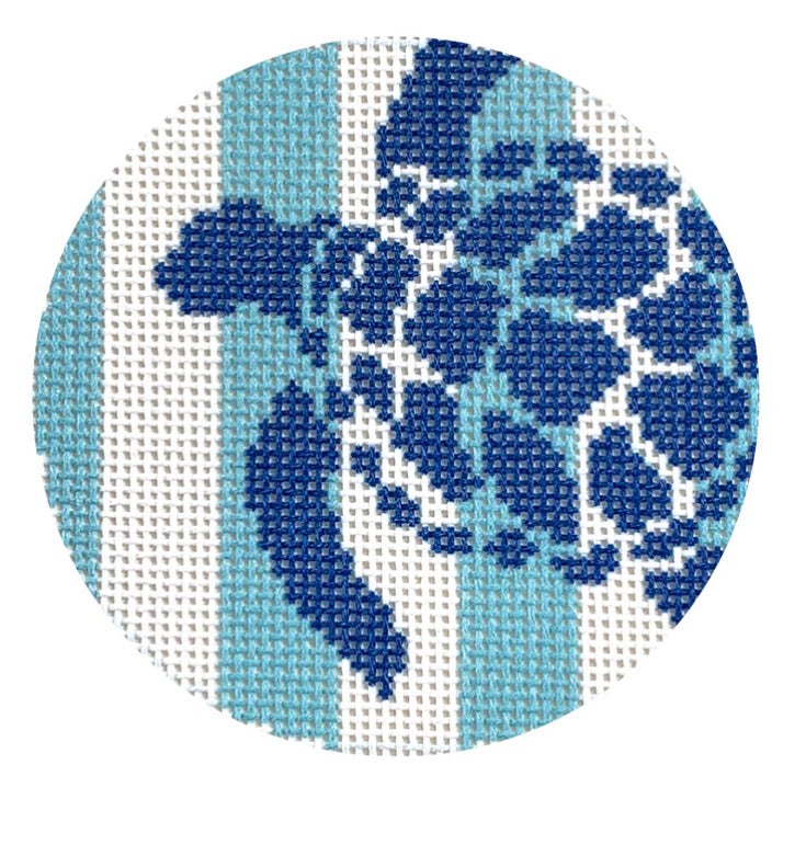 Sea Turtle Stencil on Aqua Stripes Round